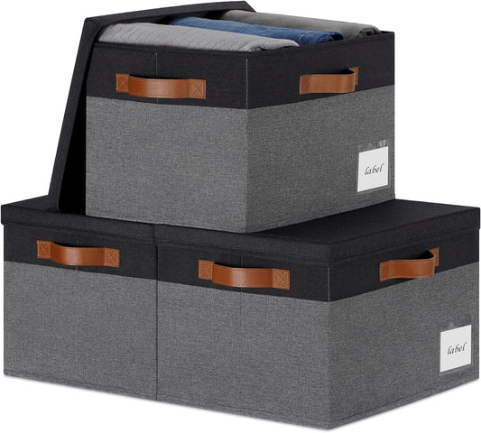 Large Storage Bins with Lids, Foldable Fabric Storage Baskets with Lids, Sturdy Storage Boxes with Labels and 3 PU Handles for Closet Home Bedroom Office (26L, 3 Packs, Grey&Black)