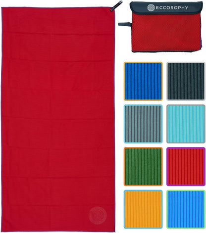 ECCOSOPHY Microfiber Beach Towel – Quick Dry Gym Towel, Highly Absorbent with Ribbed Texture, Lightweight – Ideal for Travel, Pool, Yoga, Fitness & Outdoor Adventures – 71x35 Cherry