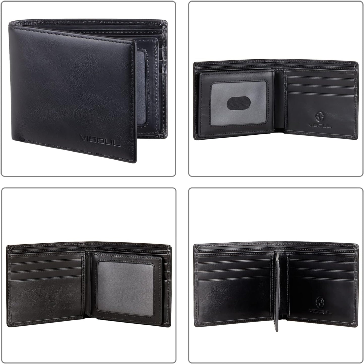 VISOUL Leather Mens Bifold RFID Blocking Wallet with 2 ID Windows, Leather Wallet for Men (Leather, Black)