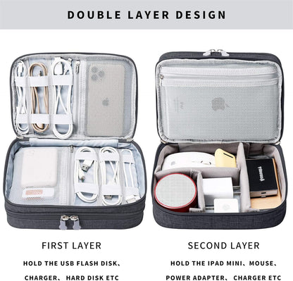 MIRLEWAIY Travel Cords Organizer Case Double-Layer Electronic Accessories Carrying Bag for Charger Cables Adapter USB Sticks Leads Memory Cards, Black