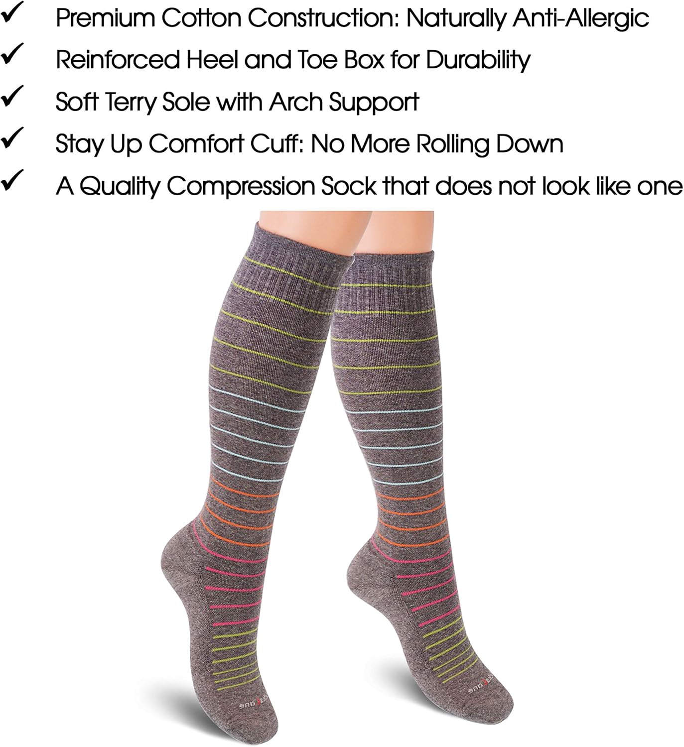Cotton Compression Socks for Women & Men. 15-20 mmHg Support Knee-High Berry Stripes M/L
