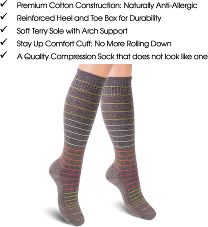 Cotton Compression Socks for Women & Men. 15-20 mmHg Support Knee-High Indigo Stripes M/L