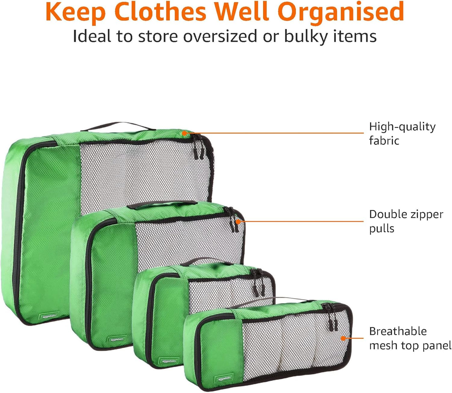 Amazon Basics Packing Cubes for Travel, Packing Organizers Set, 4-Piece-Set (Slim, Small, Medium, Large) With Double Zipper Pulls and Mesh Top Panel, 100% Durable Polyester, Green