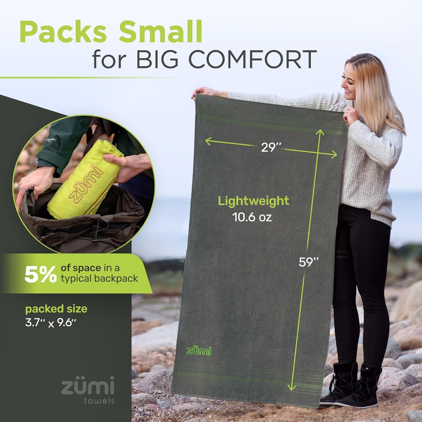 Zumi 100% Cotton Quick Dry Large Travel Towel - Soft, Thin, Compact, Highly Absorbent, Lightweight Camping Towel for Beach, Gym, Bath, Shower, Swimming, Dorm, RV - White