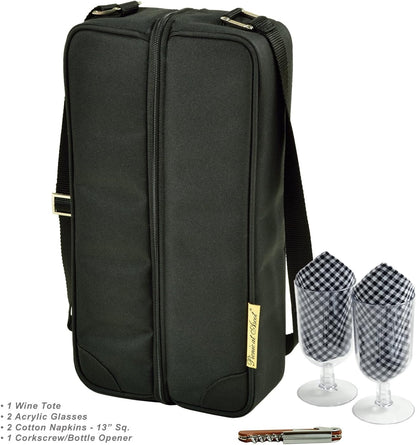Picnic at Ascot Insulated Wine Tote with 2 Wine Glasses, Napkins and Corkscrew -Designed & Assembled in the USA