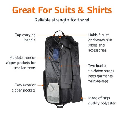 Amazon Basics 46" Premium Garment Bag for Travel, Suit Bag with Shoulder Strap for Suits and Dresses, 1680D Polyester Fabric, Exterior/Interior Pockets, Leather-reinforced Corners, Trifold, Black
