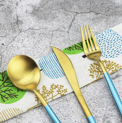 Gugrida Blue Handle Matte Gold Silverware Set - 5-Piece 18/10 Stainless Steel Satin Finish Flatware, Kitchen Utensils, Tableware Travel Cutlery for Camping, Office, School Lunch - Dishwasher Safe