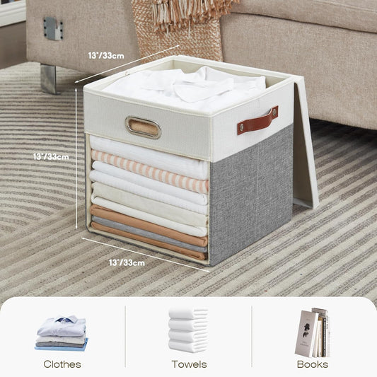 Fabric Storage Cubes with Clear Windows and Lids, 13'' Foldable Storage Bins with 3 Handles, Decorative Storage Boxes for Home, Bedroom, Closet, Office (Gray & White)