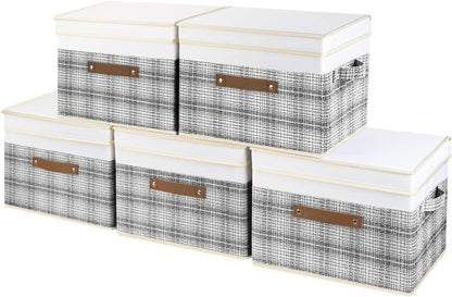 TYEERS Collapsible Storage Bins with Lids, Patchwork Design, Washable, Fabric Storage Boxes, 14.9x9.8x9.8 inches, 5 Pack, Gray