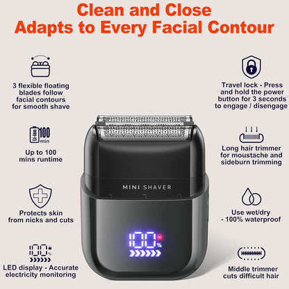 Telfun Mini Electric Foil Shavers for Men, Portable Men's Travel Facial Hair Groomer, USB-C Electric Beard Shaver with Full Body Waterproof & Big LED Display, Close Face Shaver for Head, Beard, & Neck