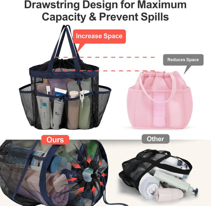 F-color Mesh Shower Caddy Portable with Drawstring - Deeper 7 Pockets Dorm Room Essentials for Guys Girls with S Hook, Shower Bag Tote for College Camping Toiletry Bathroom, Black with Dark Blue
