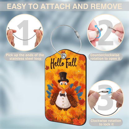 Hello Fall Turkey Set of 2 Luggage Tags for Suitcases Leather Suitcase Tags Identifiers with Privacy Name Address Label and Stainless Steel Loop for Women Men Travel Luggage Accessories