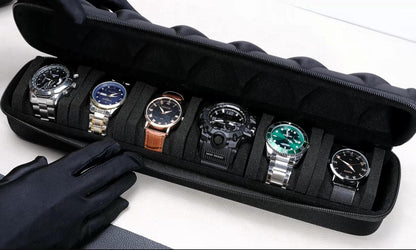 Watch roll travel case organizer for 6 watches, Storage Organizer and Display with innovative watch pillow, fit large up to 60mm faced watches (Black, 6 Slot)