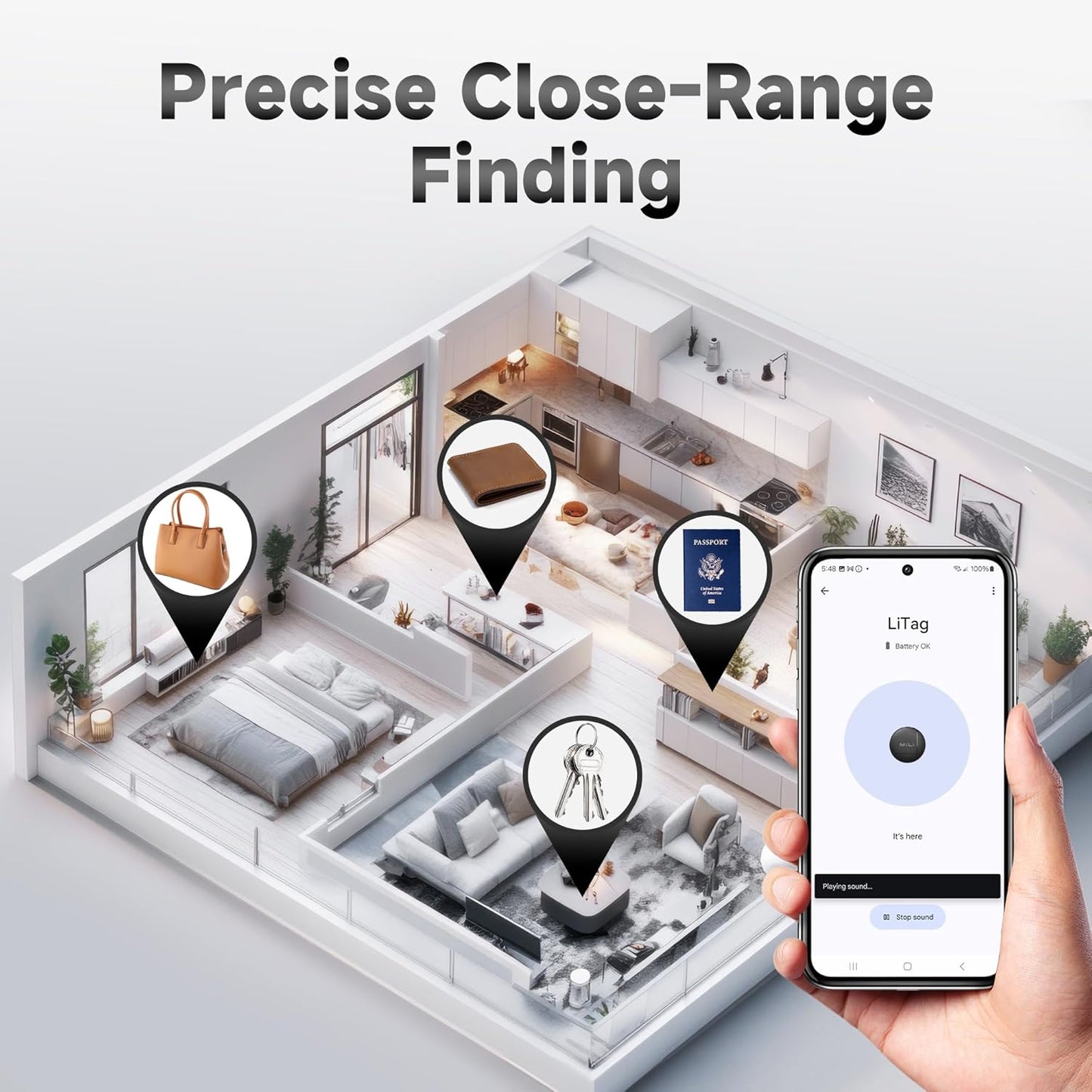 LiTag - Bluetooth Tracker for Android Phones. Google Certified Item Locator. Smart Tracking Tag for Google Find My Device (Find Hub) App. Finder for Keys, Luggage, Suitcase, Backpack, Purse (4 Pack)