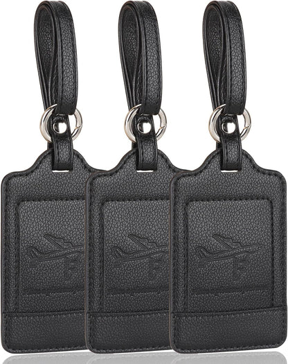 Teskyer Luggage Tags, 3 Pack Premium PU Leather Luggage Tags for Suitcases, Privacy Protection Travel Bag Tags, Lichee Black