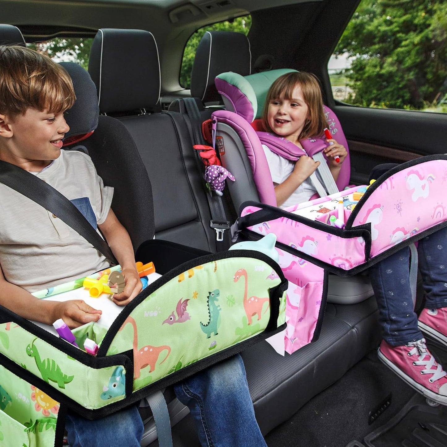 2PCS Kids Travel Tray, Car Seat Tray for kids Travel, Toddler Road Trip Essentials With Drawing Kit, Toddler Lap Desk Organizer for Car, Carseat Table for Airplane