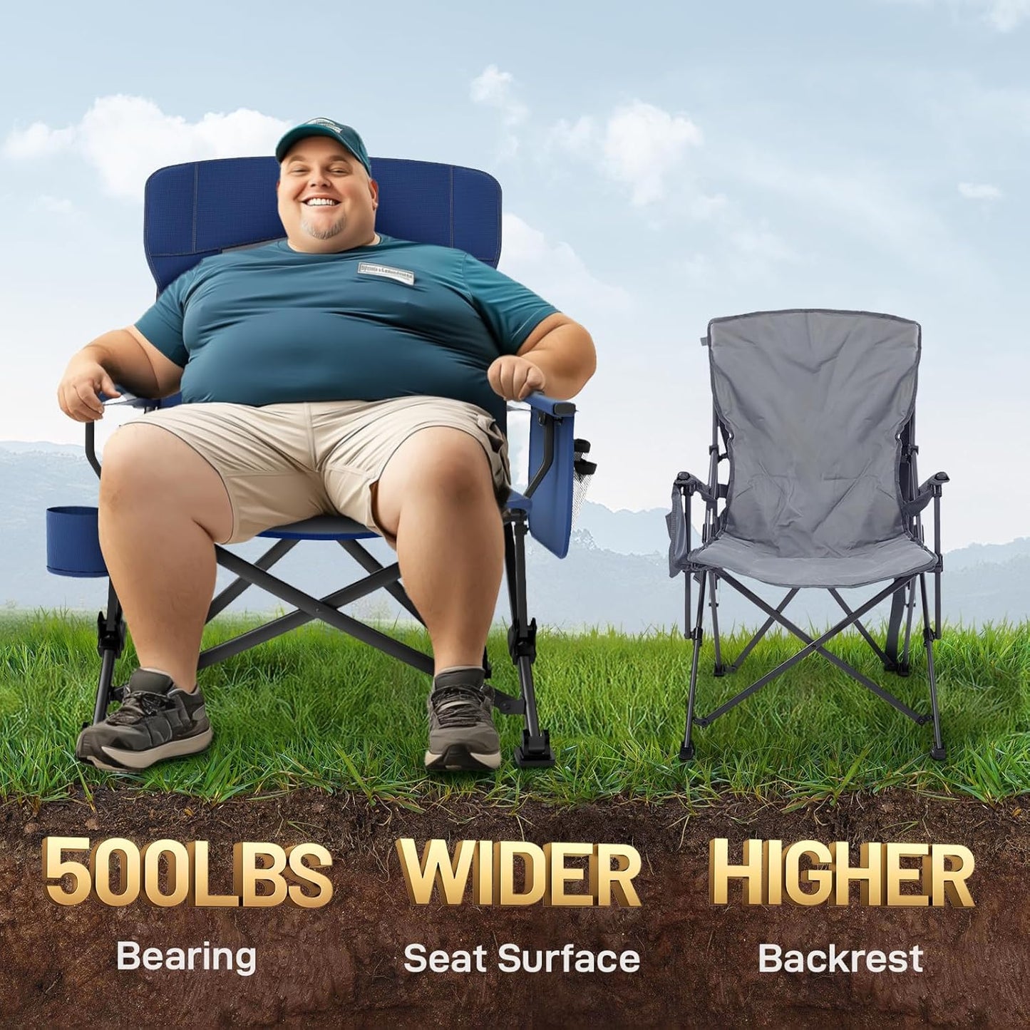 EVER ADVANCED Oversized Folding Camping Chair for Adults with Adjustable Lumbar Support, Heavy Duty Chair with Side Pockets, Portable Collapsible Quad Chair for Outside