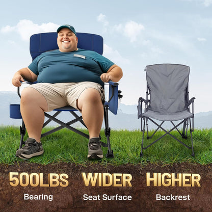 EVER ADVANCED Oversized Folding Camping Chair for Adults with Adjustable Lumbar Support, Heavy Duty Chair with Side Pockets, Portable Collapsible Quad Chair for Outside