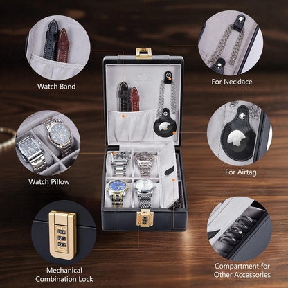 BISON DENIM Watch Box, 4 Watch Travel Case with Combination Lock - PU Leather Men's Watch Storage Box & Jewelry Organizer with Ring Slots & Necklace Hooks, Secure Travel Case, Black