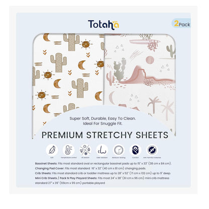 TotAha Cactus Crib Sheets (2-Pack) - Hypoallergenic, Silky Comfort, Buttery Soft, Calming Effect, All-Season Jersey-Knit Sheets, 9'' Extra Deep Pocket Baby Western Crib Sheet