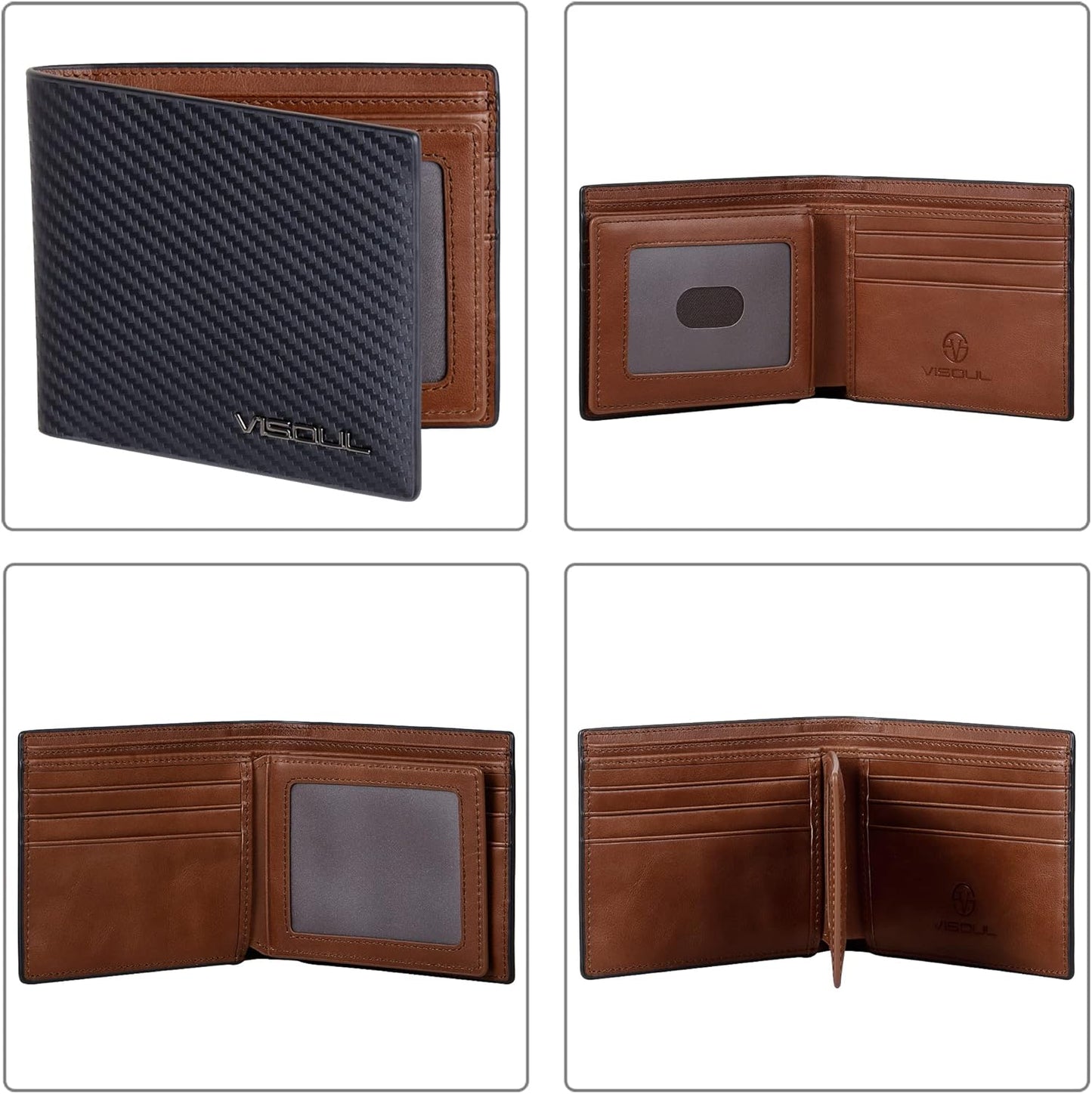 VISOUL Leather Mens Bifold RFID Blocking Wallet with 2 ID Windows, Leather Wallet for Men (Carbon Fiber, Black+Brown)