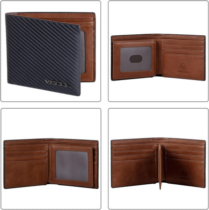 VISOUL Leather Mens Bifold RFID Blocking Wallet with 2 ID Windows, Leather Wallet for Men (Carbon Fiber, Black+Brown)