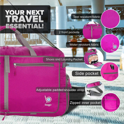 Bago Large Foldable Duffel Bags for Traveling Women & Men - 80L Packable Duffle Bag for Travel with Shoe Compartment - Water Repellant, Heavy Duty, Lightweight Folding & Collapsible (Pink)
