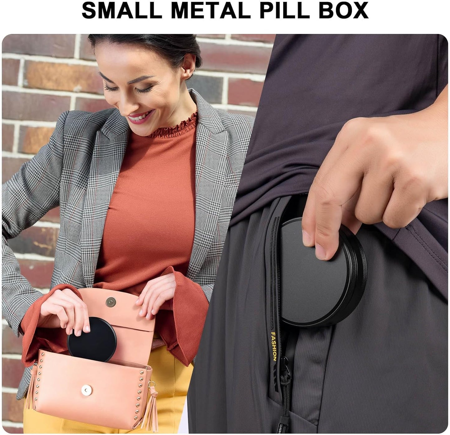 Daily Pill Organizer 4 Compartments - Metal Daily Small Pill Case Waterproof, Travel Pill Box for Purse, Compact Medicine Container Pill Dispensers Holder for Vitamin, Fish Oil, Supplement (Black)