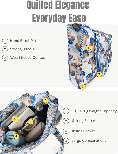 Cotton Quilted Tote Bag for Women – Large Beach & Travel Tote with Zipper, Reusable Grocery Bag