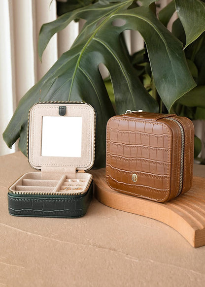 S.Leaf Mini Travel Jewelry Case - Portable Organizer Box for Women - Crocodile Emerald Pattern