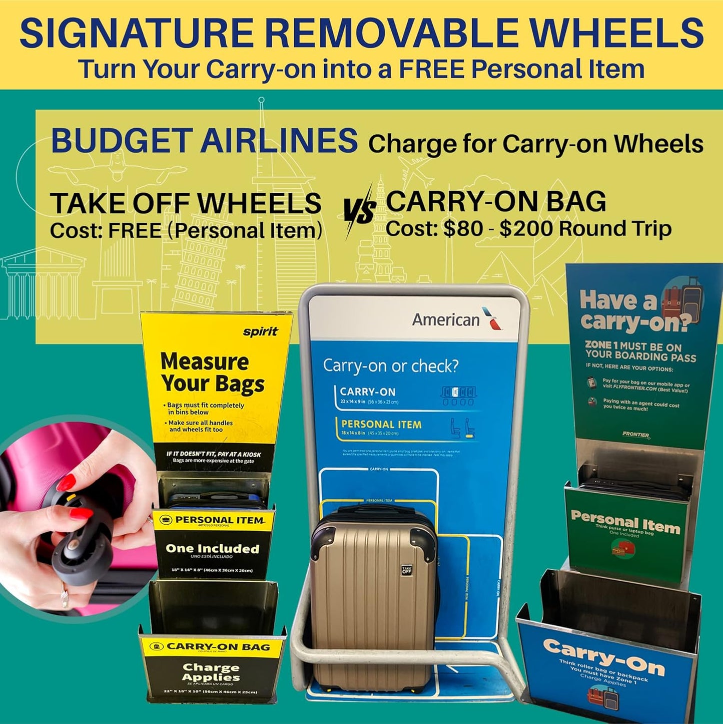 Take OFF Luggage 18 inch Hardshell Carry On Suitcase that Converts into Underseater Luggage with Removable Spinner Wheels for Airline Personal Item Use Requirements, 18 x 14 x 8 Inches - Black