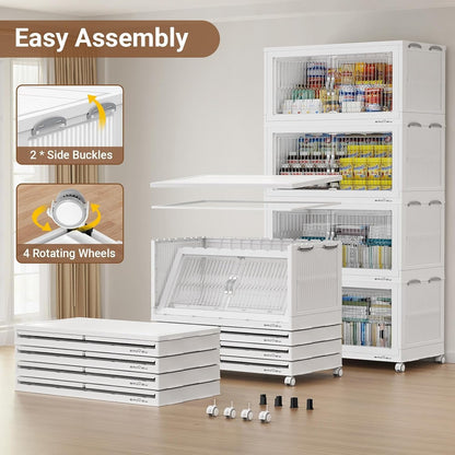 BROVIEW 600Qt Extra Large Stackable Storage Bins with Lid, Closet Organizer Collapsible Drawer Boxes with Wheels, Folding Plastic Cabinet Containers for Home Kitchen Room Organization, 3Pack White