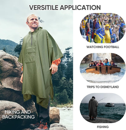 PTEROMY Hooded Rain Poncho for Adult with Pocket, Waterproof Lightweight Unisex Raincoat for Hiking Camping Emergency