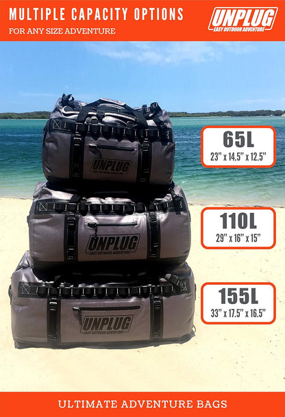 UNPLUG Waterproof Bags for Travel -1680D Heavy Duty Waterproof Duffel Bag for Camping, Motorcycle Dry Bag, Hunting Bag, Bug Out Bag, dry bags for kayaking waterproof boat bag (65L Storm Grey)