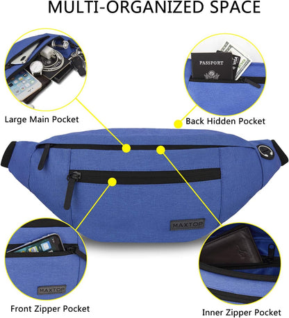 MAXTOP Large Crossbody Fanny Pack with 4-Zipper Pockets,Gifts for Enjoy Sports Festival Workout Traveling Running Casual Hands-Free Wallets Waist Pack Phone Bag Carrying All Phones