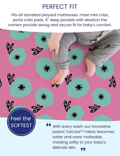 TotAha Premium Stretchy Pack N Play Playard Sheets | Mini Crib Sheets (2-Pack) -Hypoallergenic, Silky Comfort, Buttery Soft, Calming Effect, All-Season Jersey-Knit (Colorful Flora & Blue Flowers)