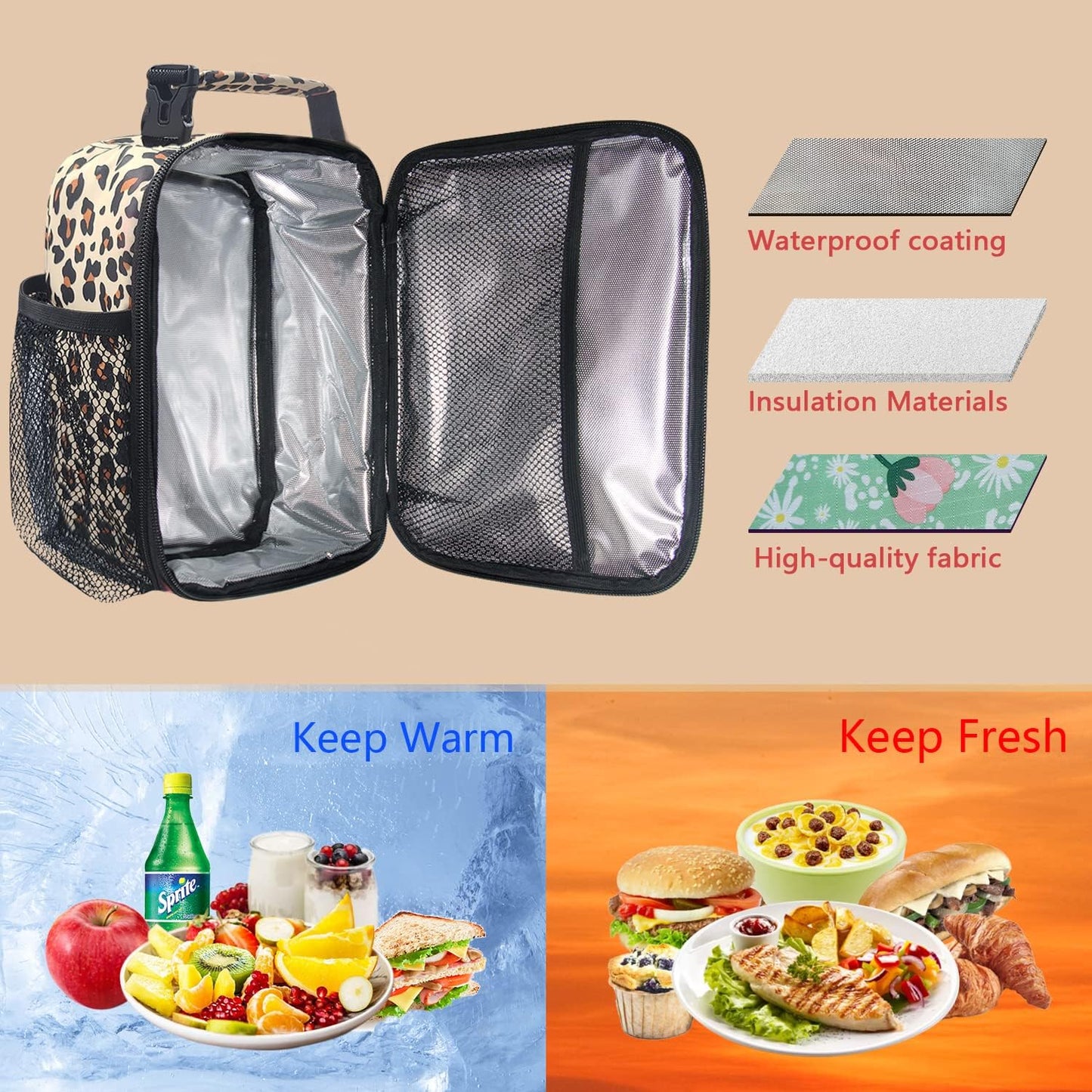 Hap Tim Insulated Lunch Bag Women, Reusable Lunch Box for Women, Adluts Lunchbox for Office Work, Portable Lunchbag, Leopard Print（18654-LP）