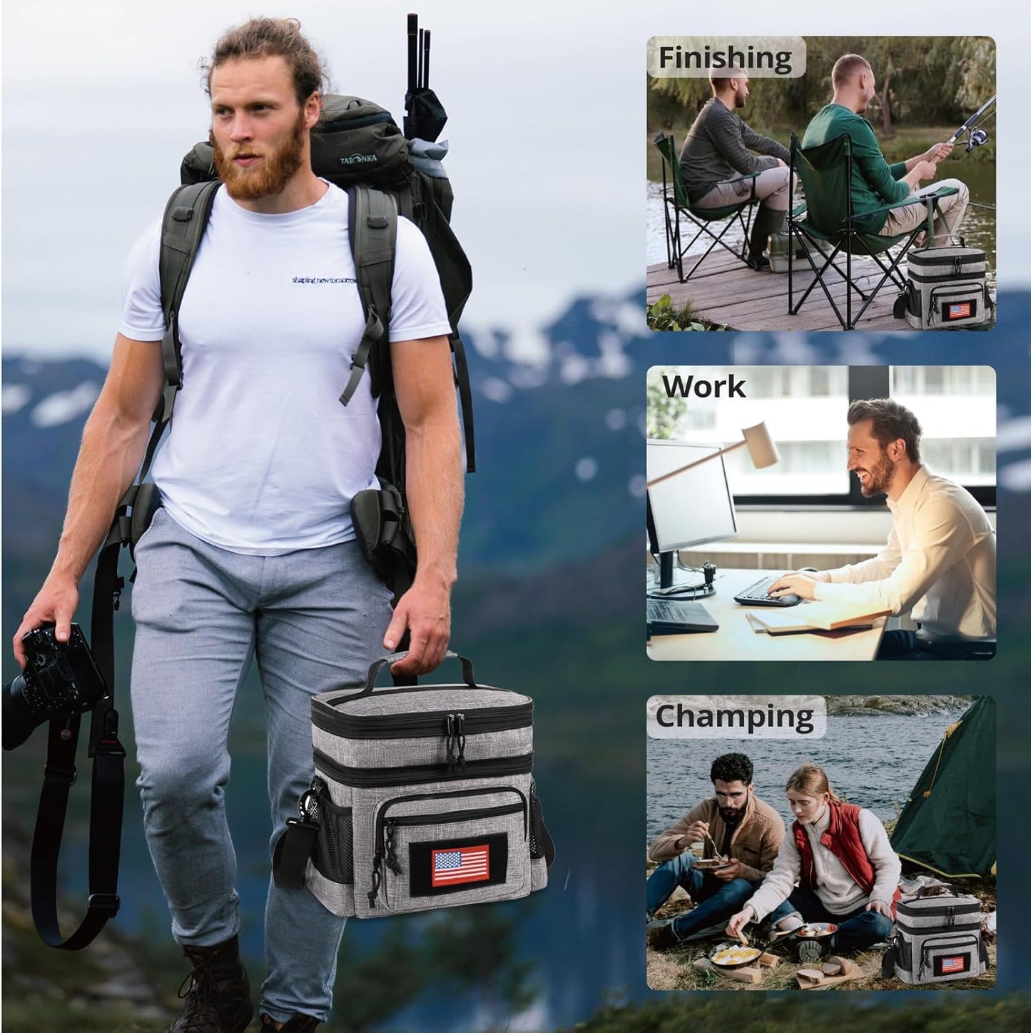ATRIPACK Lunch Bag for Men, Double Deck Tactical Lunch Box Work with Shoulder Strap MOLLE Webbing Large Lunch Cooler Leakproof Insulated （Grey）
