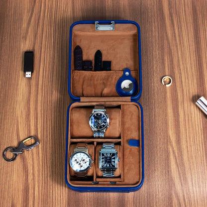 KAMIER Watch Case with Combination Lock - 4 Watch Storage and Jewelry Organizer - Watch Travel Case for Ring and Watch Storage, PU Leather Travel Watch Case, Ideal for Gift (With Gift Box),Blue