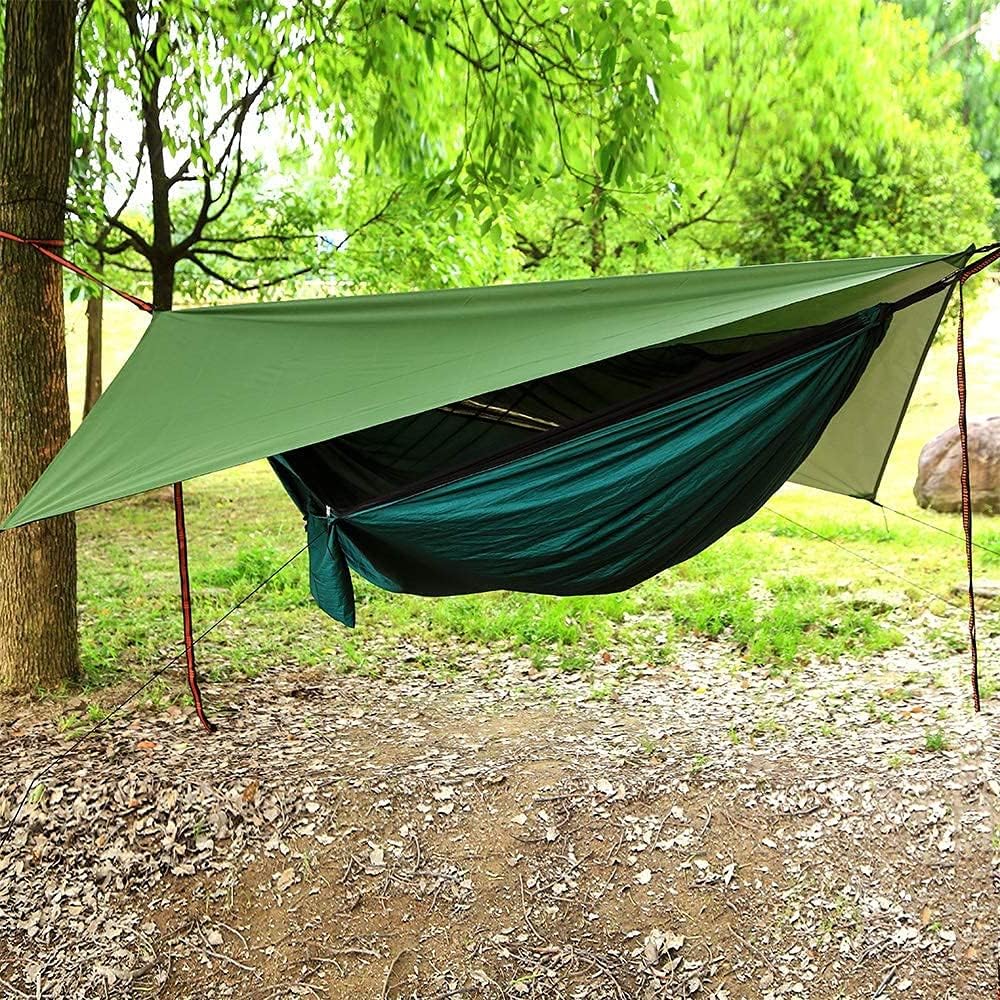 Camping Hammock with Rain Fly Tarp and Mosquito Net with Tree Straps Single &Double Portable Hammocks with Rain Cover for Indoor Outdoor Backpacking Hiking Travel Yard Activities Green