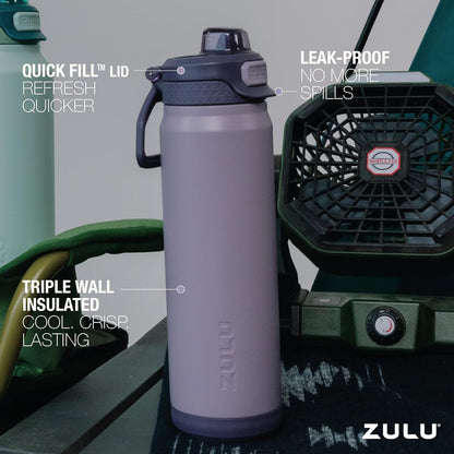 ZULU Powerfill Pro 40oz Stainless Steel Water Bottle with Quick Fill Lid, Triple Walled Vacuum Insulated Metal, Leak Proof Locking Lid, Sip and Chug, Reusable BPA Free, Amethyst