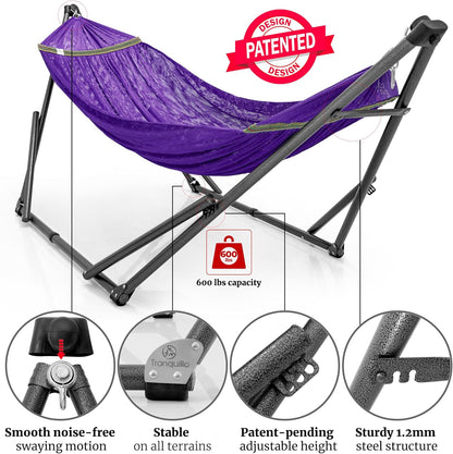 Tranquillo Combo x2 Hammocks with Stand for Outside & Tree Straps, Heavy Duty Hammock with Stand 600lbs for Indoor Outdoor Patio Backyard, x2 Hammocks for 2 Person, Portable Carrying Bags, Purple