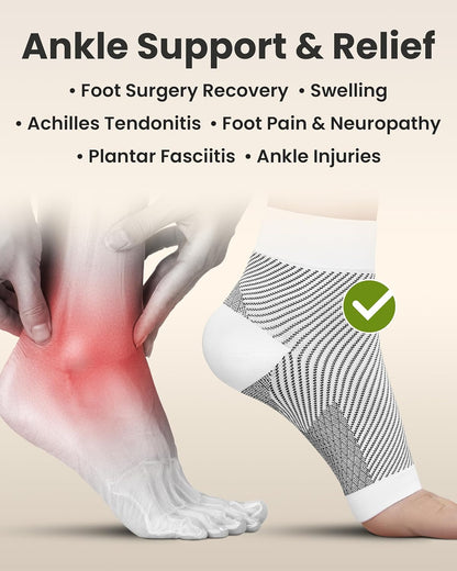 KEMFORD Ankle Compression Sleeve - Plantar Fasciitis Braces - Open Toe Compression Socks for Swelling, Sprain, Neuropathy, Foot Arch Support for Men and Women - 20-30mmhg, M, White and Black