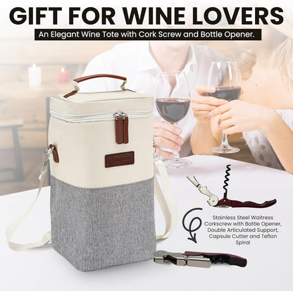 Insulated Wine Bag Cooler – Beige and Gray, Holds 4 Bottles, Wine Opener, Shoulder Strap, Expandable Zipper, 7.8 x 5 x 15 inches, Perfect for Travel & Picnic