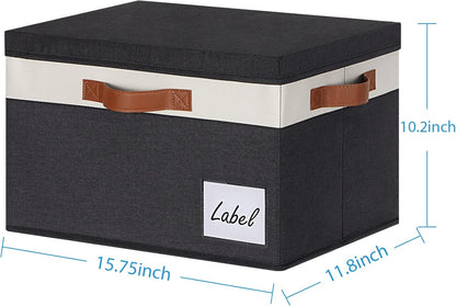 Extra Large Storage Bins with Lids, Foldable Fabric Storage Baskets with Lids, Sturdy Storage Boxes with Labels and 3 PU Handles for Closet Home Bedroom Office (32L, 3 Packs, Black&White)
