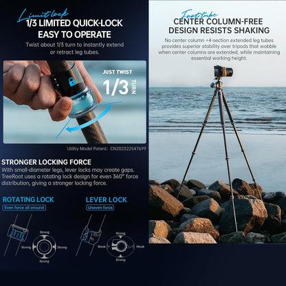 FALCAM TreeRoot F38 Quick Lock Camera Carbon Fiber Travel Tripod Max Payload 50Kg/110lbs (R140T)-T00A4904
