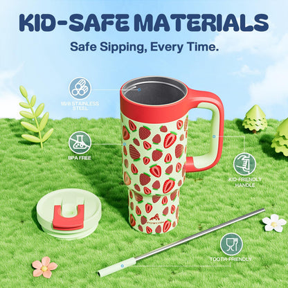 24 oz Metal Tumbler Cup for Girls: Easy Grip Handle, Leak-Proof when Sealed, Easy to Clean, Double Wall Vacuum Cup for Home, School, Daycare, Party, Picnic, Hiking, Travel, Gift (Strawberry Pop)