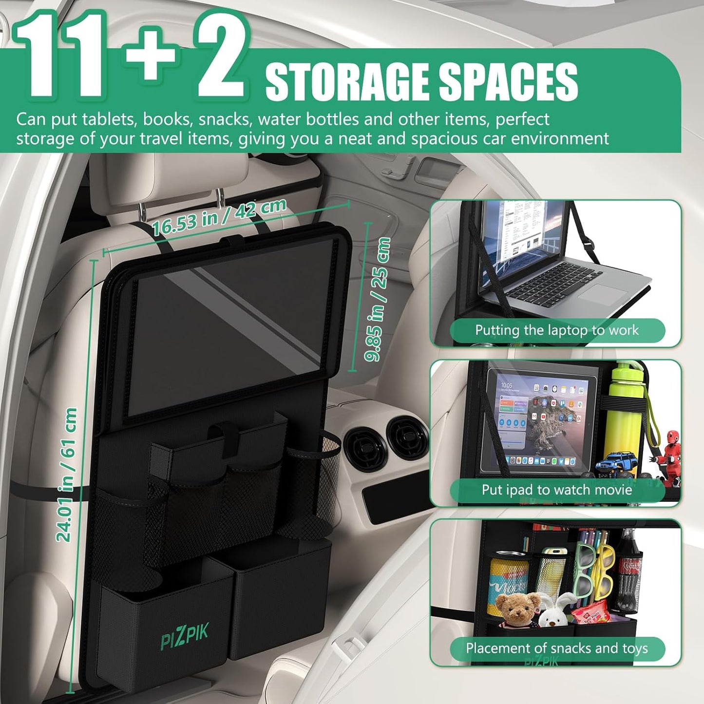 Car Backseat Organizer with Tablet Holder,11 Storage Pockets with Foldable Food Tray, Protector Kick Mats for Kids, Travel Accessories Organizer (Black, 2Pack)