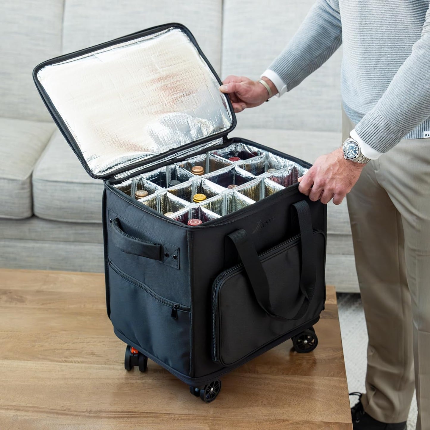 3-in-1 Wine Tote - Rolling Suitcase and Insulated Cooler Bag with Removable Dividers for 12 Bottles