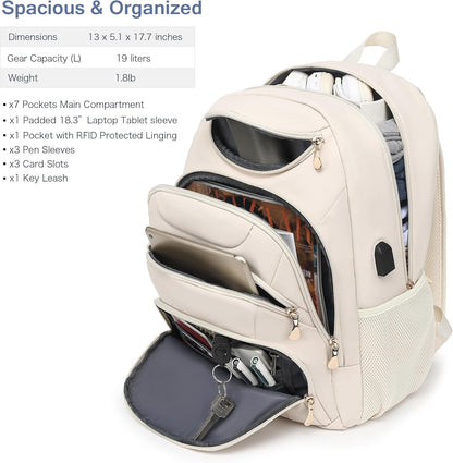 Boavan Laptop Backpack for women,15.6 inch Laptop Bag with USB Port, Waterproof Travel Work Backpack Purse, Anti-Theft Teacher Nurse Doctor Casual Bookbags Office Business backpack，Cream Beige